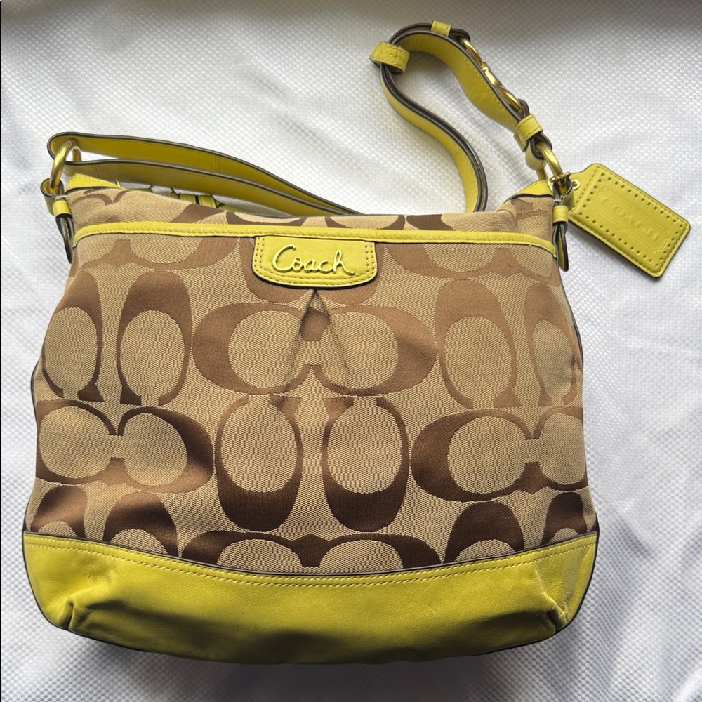 Coach - F19727 - Signature Tan Logo and Yellow Leather Shoulder Bag